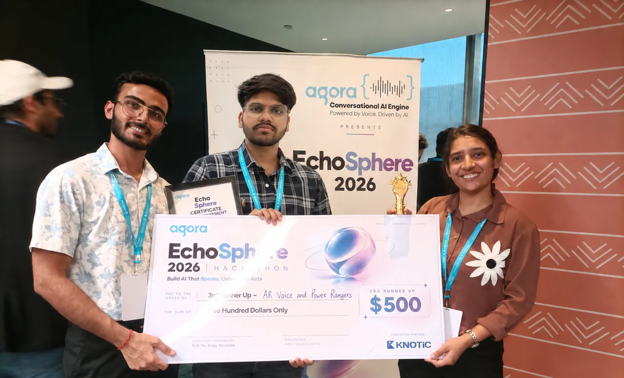 Rudra Pratap Singh and teammates holding the 3rd Runner Up cheque at Agora EchoSphere 2026